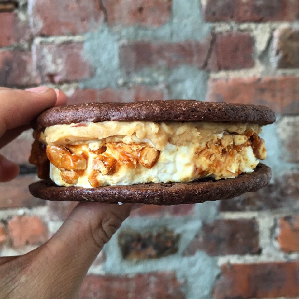 Ice Cream Sandwich With Brownie Cookie, Brittle, Peanut Butter Ganache, Vanilla Ice Cream from The Good Batch on #foodmento http://foodmento.com/dish/20188