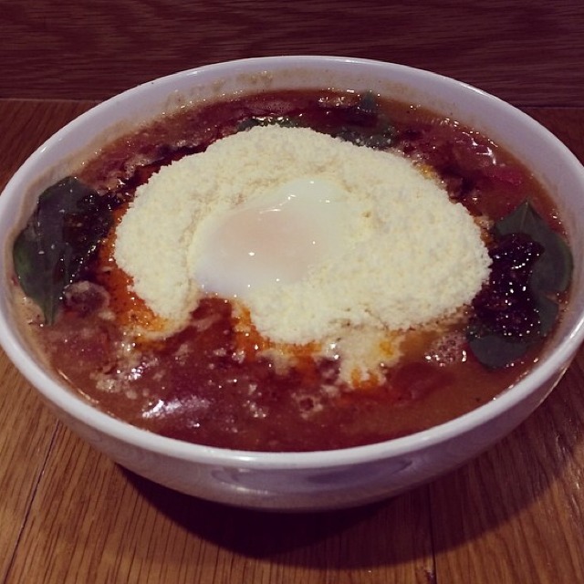 Tomato Basil Ramen With Bacon, Parmesan Cheese, Poached Egg at Totto Ramen 51 on #foodmento http://foodmento.com/place/2818