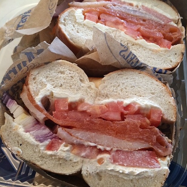 Rivington Street Bagel (Salmon, Sable, Cream Cheese, Tomato, Onion) from Murray's Bagels on #foodmento http://foodmento.com/dish/11316