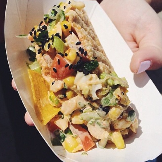 Taco (Shrimp, Corn Salsa, Avocado, Crispy Gyoza Shell...) @ Takumi Taco at Smorgasburg Williamsburg on #foodmento http://foodmento.com/place/2984