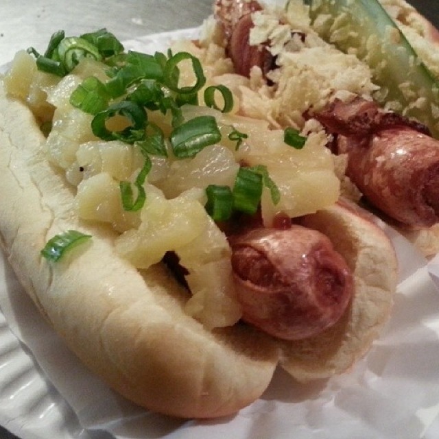 Tsunami Hot Dog (Bacon Wrapped w/ Teriyaki, Pineapple, Green Onions) from Crif Dogs on #foodmento http://foodmento.com/dish/11868