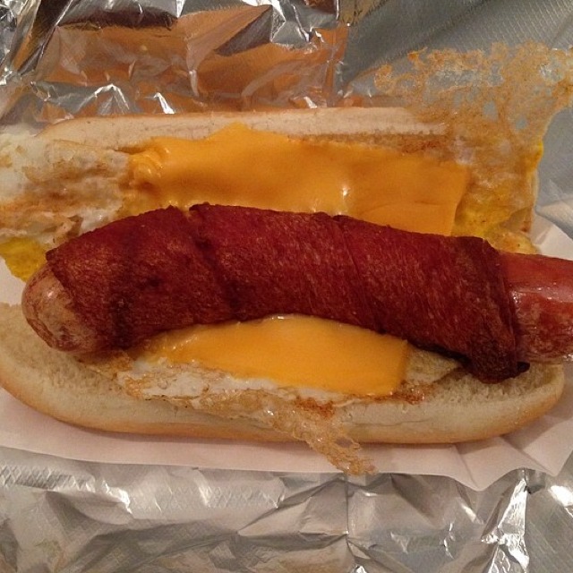 Morning Jersey Dog (Taylor Ham Wrapped w/ Melted Cheese & Fried Egg) from Crif Dogs on #foodmento http://foodmento.com/dish/11873