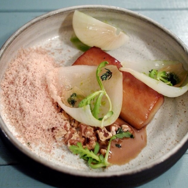 Smoked Mackerel (Sour Onions, Walnut, Foie Gras) from SKÁL on #foodmento http://foodmento.com/dish/12216