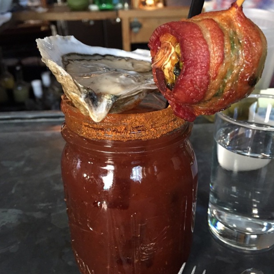 Bloody Caesar (Vodka, Clamato, Sriracha, Deep-fried Bacon-wrapped Brussel Sprout, Radish-stuffed Olive & An Oyster at Joseph Leonard on #foodmento http://foodmento.com/place/3193