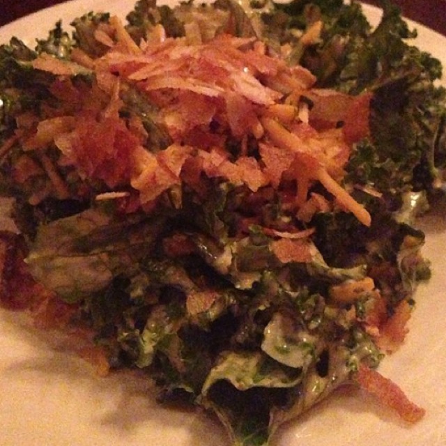 Kale Salad with Bacon, Cheddar, Potato Chip and Sriracha Dressing from Pork Slope (CLOSED) on #foodmento http://foodmento.com/dish/17327
