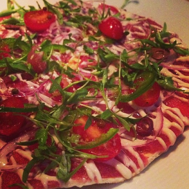 Tuna Pizza (Olives, Anchovy Aioli, Jalapeño) at Morimoto (CLOSED) on #foodmento http://foodmento.com/place/417