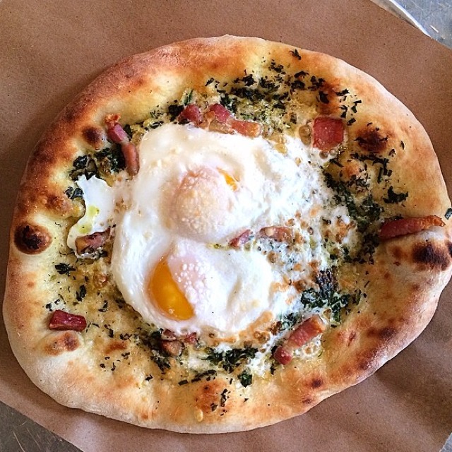 Pizza Uovo (Baked Eggs, Pancetta, Salsa Verde) from Barbuto on #foodmento http://foodmento.com/dish/11928