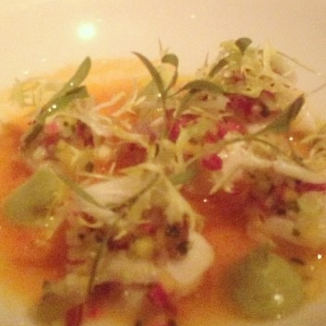Striped Bass Ceviche (Aji Dulce Pepper, Grapes, Radish, and Mango Avocado Cilantro Purée) at Gotham Bar and Grill (CLOSED) on #foodmento http://foodmento.com/place/855