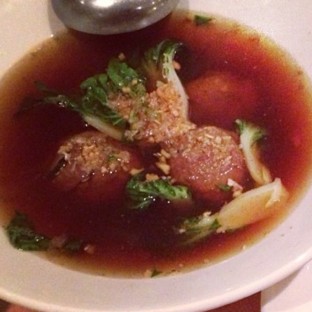 Steamed Pork Meatball Soup (Crispy Garlic, Book Choy Shoots & Black Soy Sauce) from Kin Shop (CLOSED) on #foodmento http://foodmento.com/dish/3531