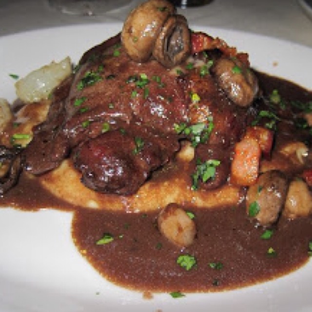 Coq Au Vin (Dark Meat Chicken with Red Wine, Mushroom & Bacon Sauce, Mashed Potatoes) at La Mangeoire on #foodmento http://foodmento.com/place/892