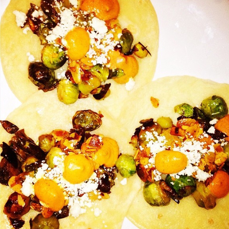 Brussels Sprouts Tacos, Toasted Almonds, Queso Fresco, Almendrado (Vegetarian) on #foodmento http://foodmento.com/dish/16622