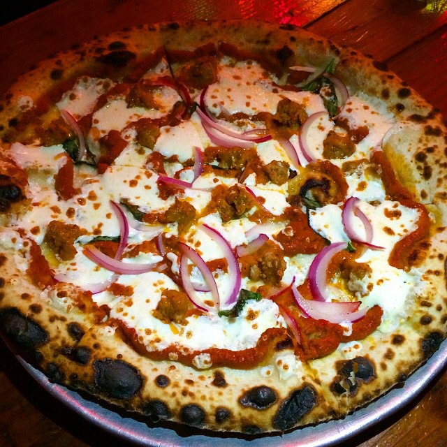 Romesco Pizza (Mozzarella, Smoked Paprika Sausage, Onions) at Roberta's Pizza on #foodmento http://foodmento.com/place/954