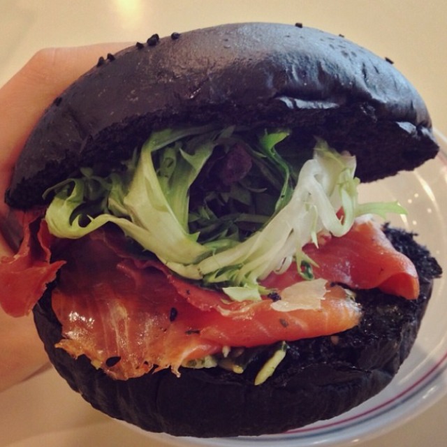 Squid Ink Bun Smoked Salmon Sandwich at Tiong Bahru Bakery on #foodmento http://foodmento.com/place/774