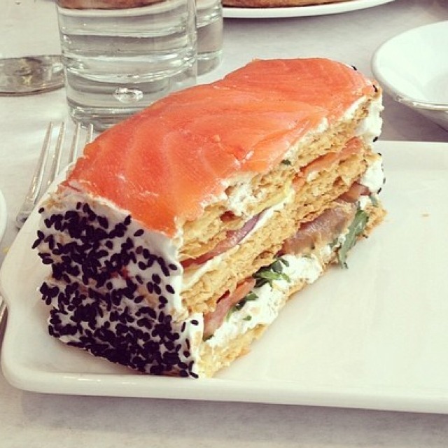 Salmon Millefeuille (Smoked Salmon, Capers, Creme Fraiche, Puff Pastry) from Bottega Louie on #foodmento http://foodmento.com/dish/10491