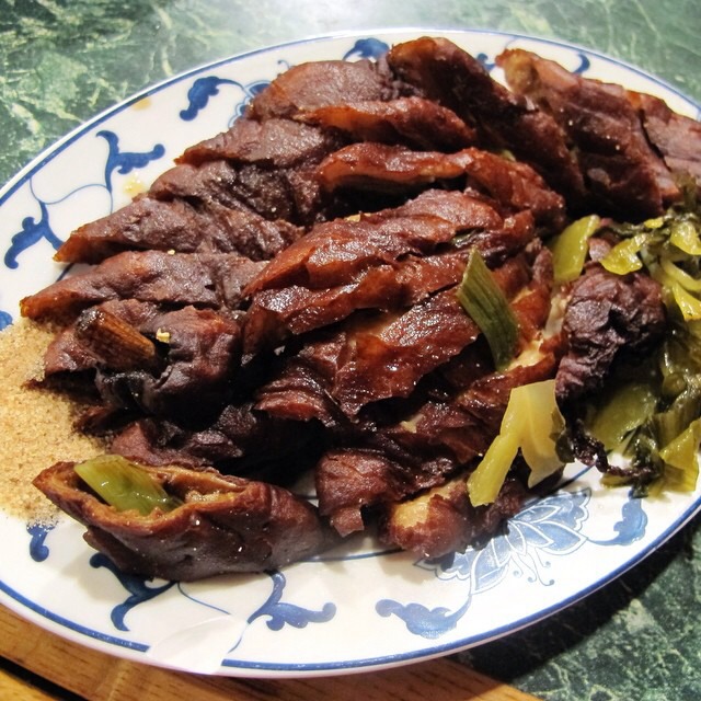 Fried Intestines, Pickled Mustard Greens from Taiwanese Specialties 老華西街台菜館 on #foodmento http://foodmento.com/dish/16920