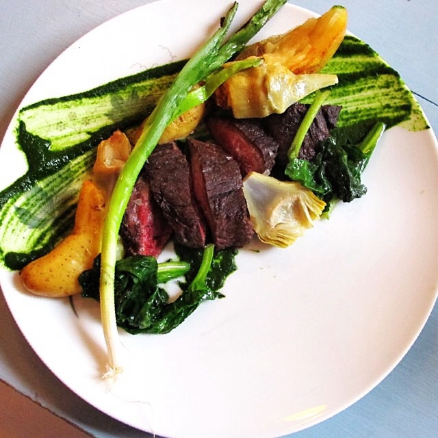 Angus Hanger Steak, Spinach, Fingerling Potatoes, Green Garlic at SKÁL on #foodmento http://foodmento.com/place/3043