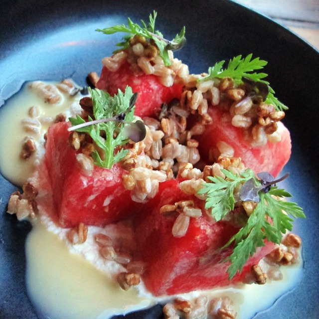 Watermelon, Ricotta, Crispy Farro, Chrysanthemum at tuome on #foodmento http://foodmento.com/place/3864