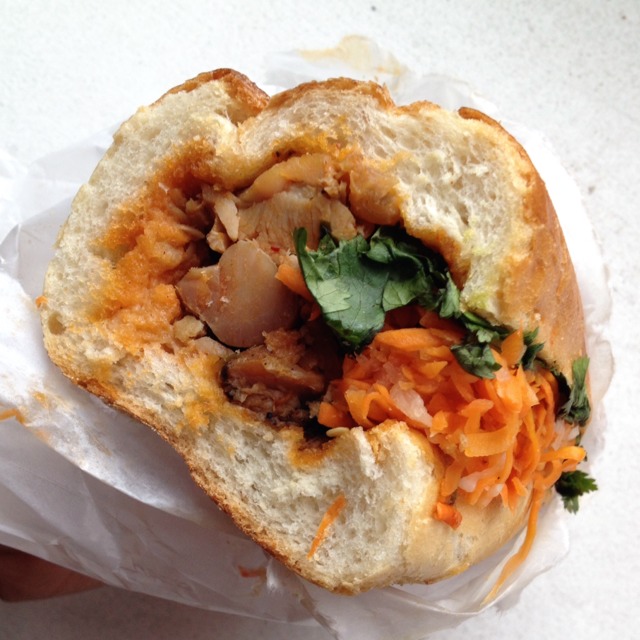 Hot Chick Banh Mi Sandwich (lemongrass chicken, kimchi,  pickled carrots, daikon) from JoJu on #foodmento http://foodmento.com/dish/18491