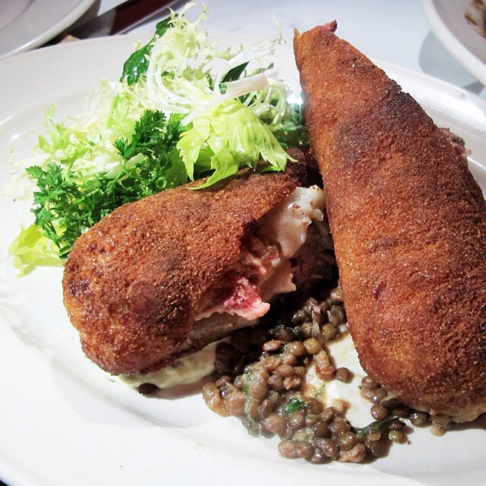 Pi-ed De Porc Pane (Crisp Berkshire Pig's Trotter with Dijon Mustard, Lentils, and Herb Salad) at Minetta Tavern on #foodmento http://foodmento.com/place/913