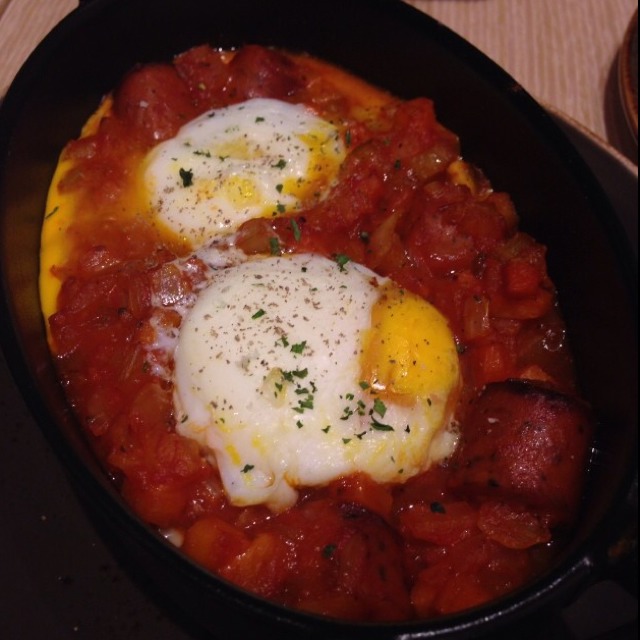 Baked Egg Pots (with Chorizo, Goat Cheese, Tomato Based Sauce) from PODI on #foodmento http://foodmento.com/dish/6695