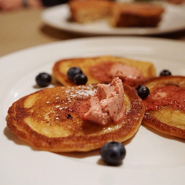 Blueberry Cornmeal Pancakes from The Breslin Bar & Dining Room on #foodmento http://foodmento.com/dish/17469