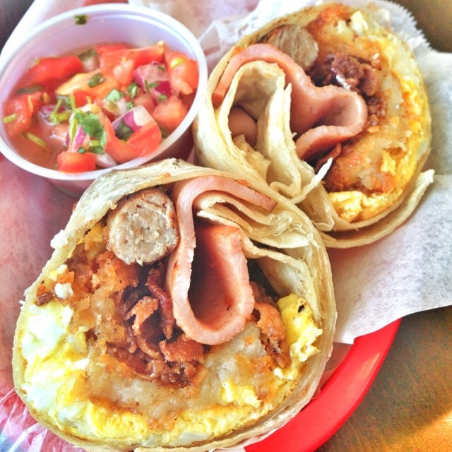Breakfast Burrito (Hash Brown, Bacon, Ham, Sausage) from Rose Donuts & Café on #foodmento http://foodmento.com/dish/17867