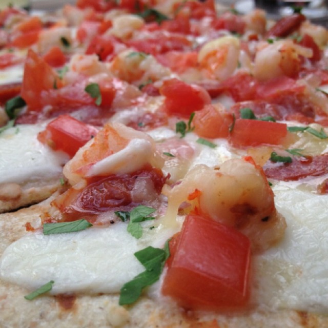 Seafood Flatbread Pizza With Tomato Sauce, Shrimp, Scallops, Calamari, Basil at IVY PLACE on #foodmento http://foodmento.com/place/2234