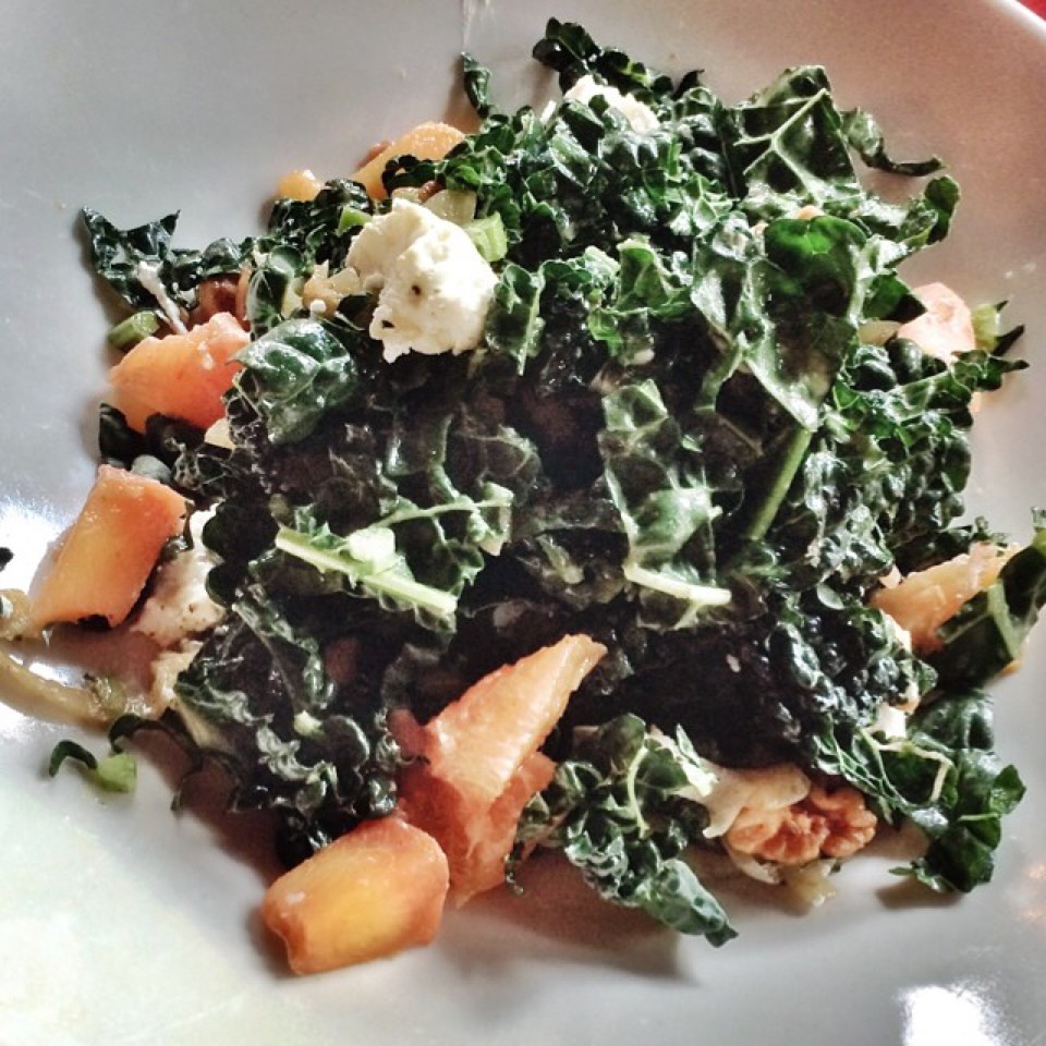 Kale Salad, Peaches, Pecan, Goat Cheese from P.J. Clarke's on #foodmento http://foodmento.com/dish/19889