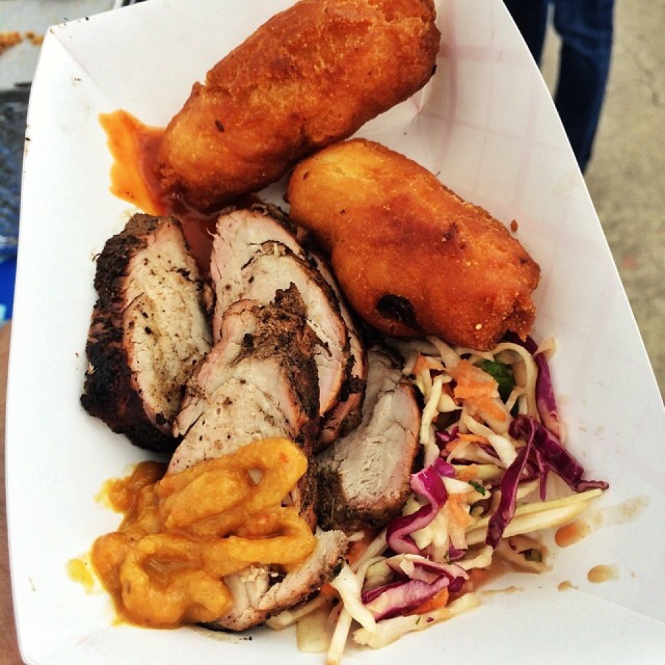 Caribbean Plate (Jerk Pork, Fritters, Slaw...) at Smorgasburg Williamsburg on #foodmento http://foodmento.com/place/2984