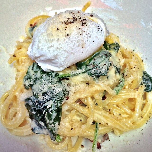 Breakfast Spaghetti (Kale, Pancetta, Poached Egg) at Bar Primi on #foodmento http://foodmento.com/place/3377