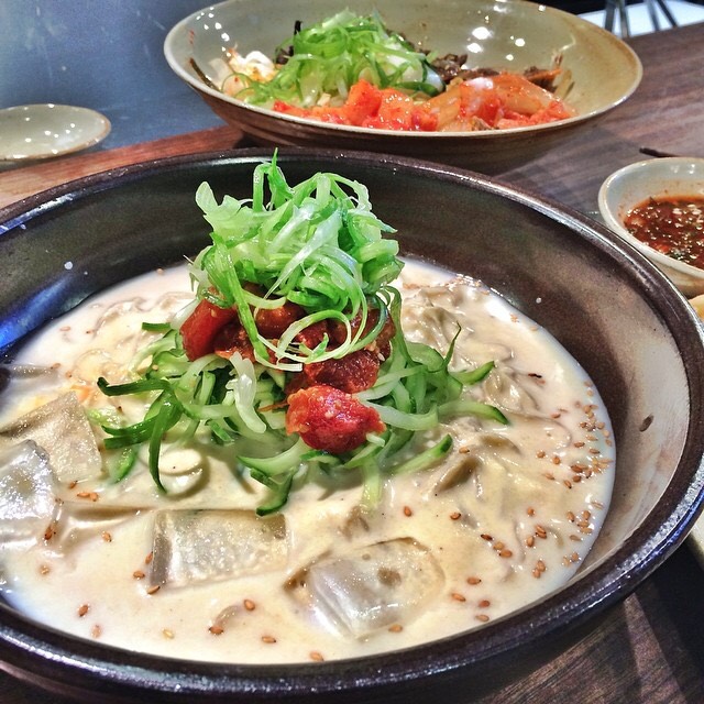 Chilled Soy Milk Broth Cold Noodles, Cucumber, Sesame Seeds from Mōkbar on #foodmento http://foodmento.com/dish/18366