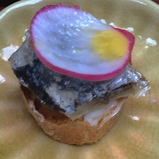 Pintxo (Sardine, Butter, Radish, Toast) at Huertas on #foodmento http://foodmento.com/place/3585