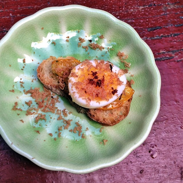 Pintxo (Quail Egg, Squash, Toast) at Huertas on #foodmento http://foodmento.com/place/3585