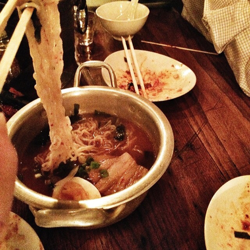 Korean Spicy Ramyun (Ramen) w pork belly at Hanjan (CLOSED) on #foodmento http://foodmento.com/place/4059