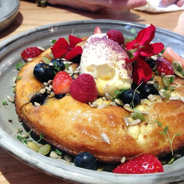 Blueberry & Ricotta Hotcake With Berries, Organic Maple, Seeds, Double Cream on #foodmento http://foodmento.com/dish/8273