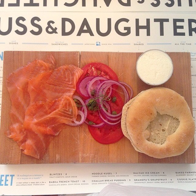 Yum Kippered Board (Baked Salmon, Cream Cheese, Bagel...) at Russ & Daughters Café on #foodmento http://foodmento.com/place/3060