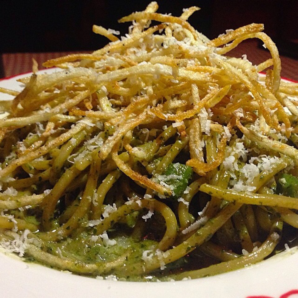 Pesto Pasta Topped With Fries from Antonioni's on #foodmento http://foodmento.com/dish/20022