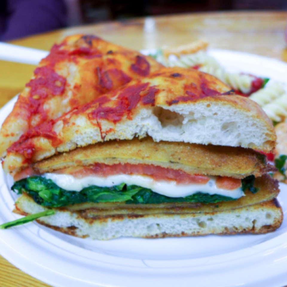Veal Sandwich With Spinach, Mozzarella, Tomato Sauce from Cafe al Mercato on #foodmento http://foodmento.com/dish/39046