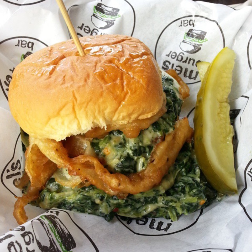 Dirty Hipster Burger (Spinach Dip, Onion Ring) from Mel's Burger Bar on #foodmento http://foodmento.com/dish/19800