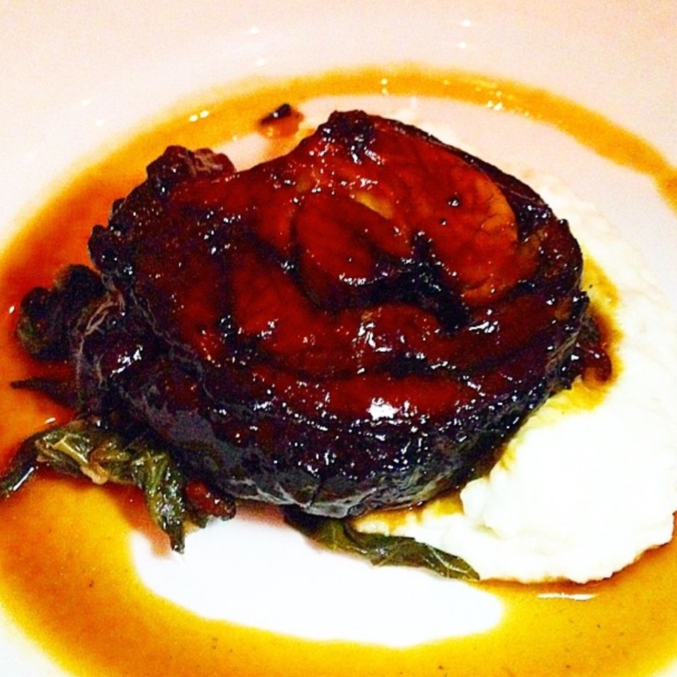 Coffee Rubbed Pork Shoulder w/ Creamy Hominy & Collard Greens at Range on #foodmento http://foodmento.com/place/605