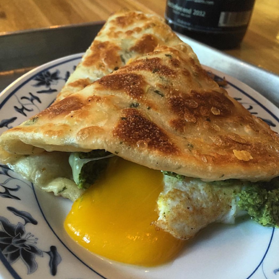 Double Awesome (Scallion Pancake With Greens, Cheese, Poached Fried Eggs) at Mei Mei on #foodmento http://foodmento.com/place/9765
