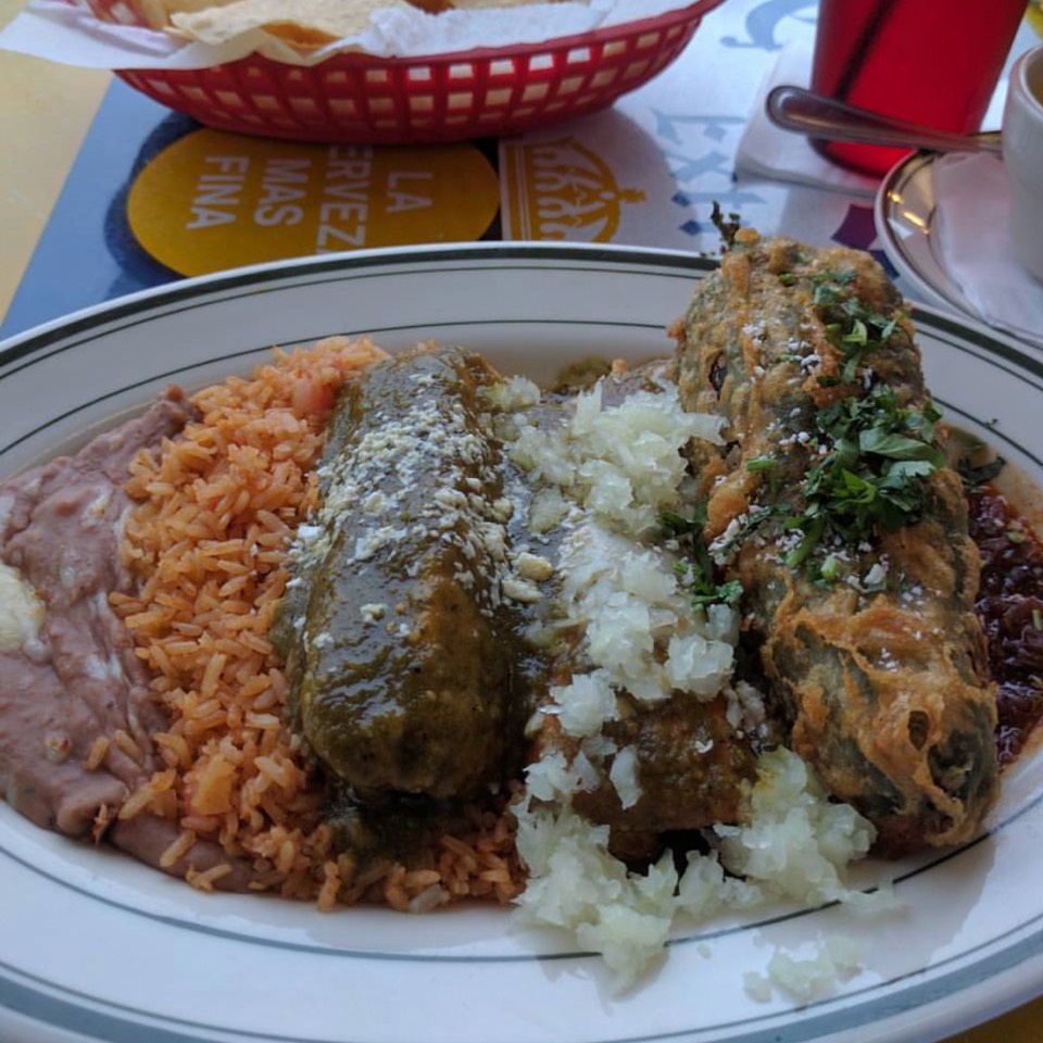 Chingo Bling Combo Plate (Smoked Chicken Chile Relleno, Chicken Enchilada, Pork Tamale) from El Real Tex-Mex Cafe on #foodmento http://foodmento.com/dish/41751