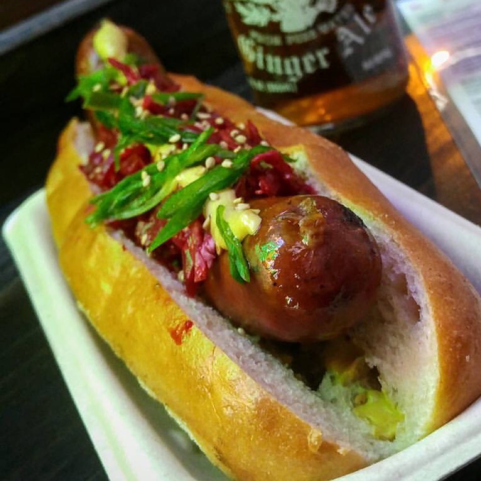 Sausage Topped With Krautchi at Kimski's on #foodmento http://foodmento.com/place/11221