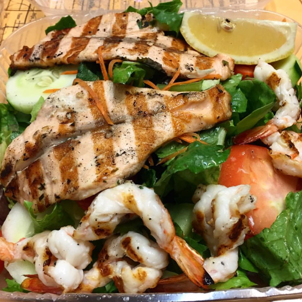 Salad with Grilled Salmon, Shrimp, Veggies from Terrace Fish & Chip on #foodmento http://foodmento.com/dish/38367