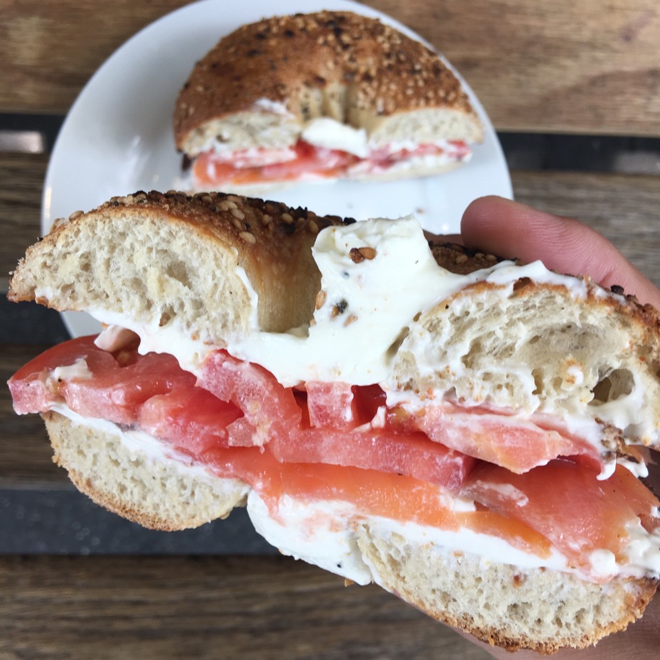 Bagel Sandwich (w/ Salmon, Cream Cheese, Tomato) from The Muffins Café on #foodmento http://foodmento.com/dish/39604