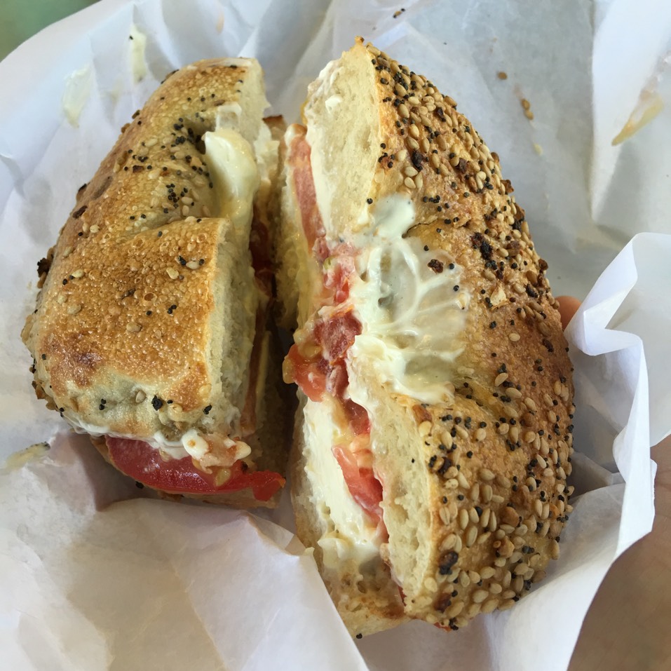 Bagel Sandwich (w/ Cream Cheese, Tomato) from The Muffins Café on #foodmento http://foodmento.com/dish/40105