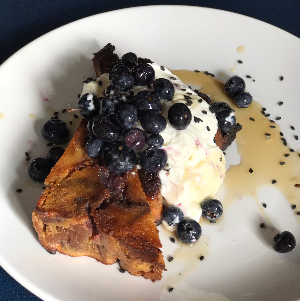 French Toast (Ube Bread Pudding, Blueberries, Yogurt) from Lalo on #foodmento http://foodmento.com/dish/43751