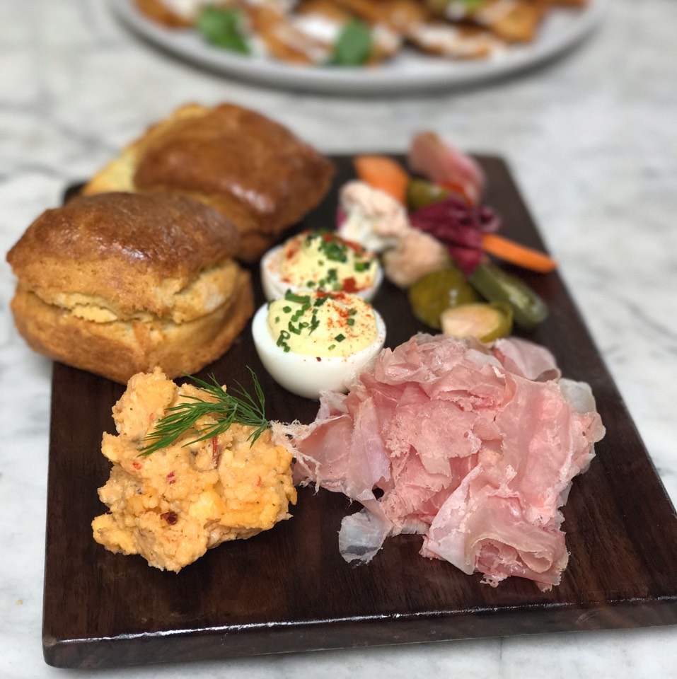 The Redneck (Country Ham, Pickles, Pimento Cheese, Deviled Eggs, Biscuits) at Manuela on #foodmento http://foodmento.com/place/11136