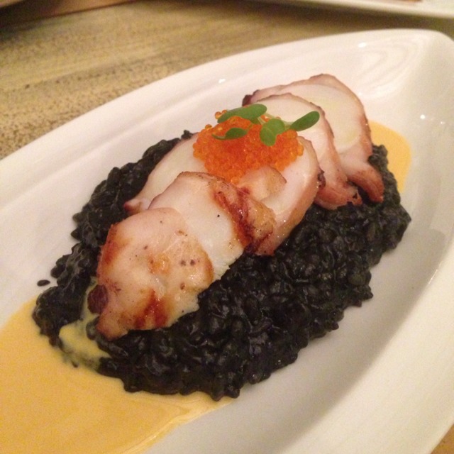Grilled Octopus, Squid Ink Risotto, salted egg sauce, tobiko, wasabi sprout at Morsels on #foodmento http://foodmento.com/place/1115