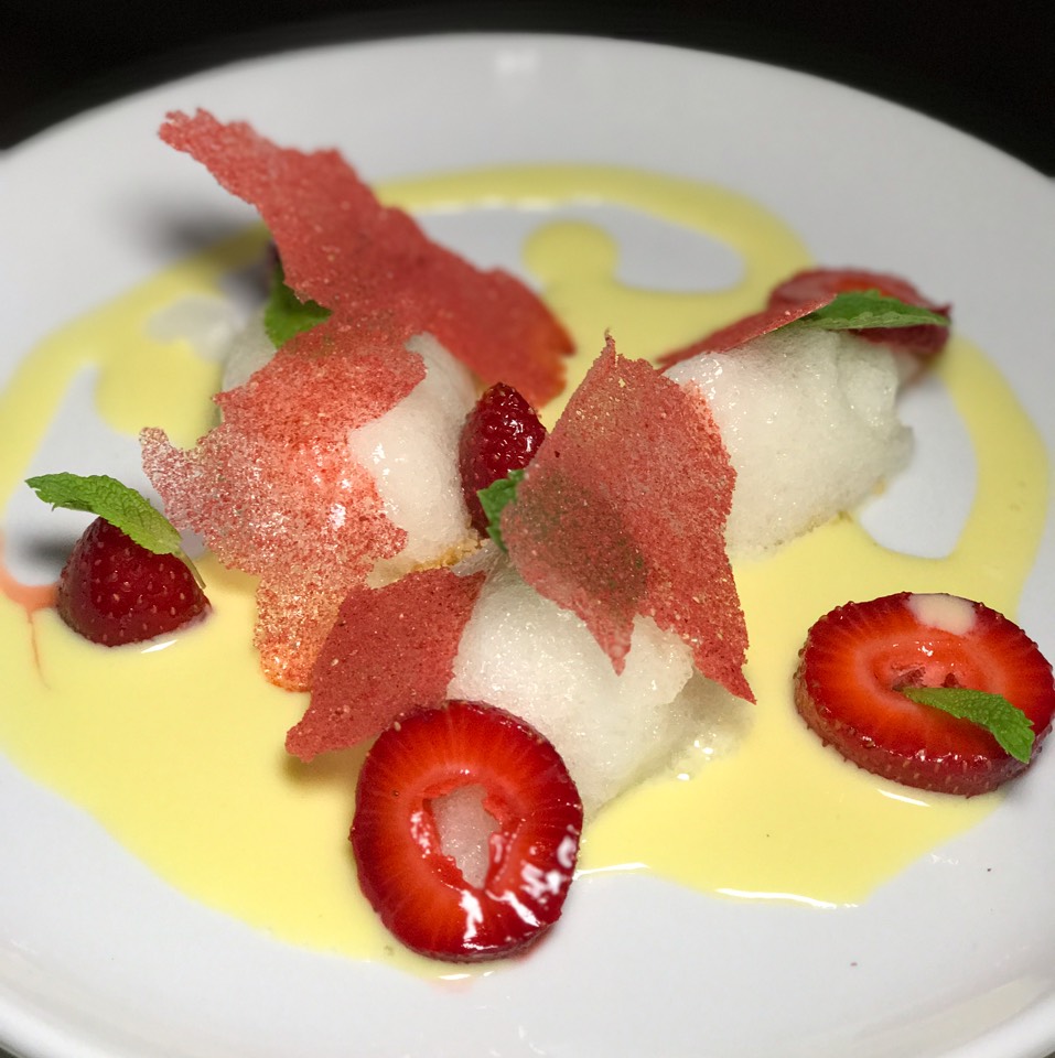 Snow Pudding (Basil Anglaise, Strawberries) at Out East (CLOSED) on #foodmento http://foodmento.com/place/11246